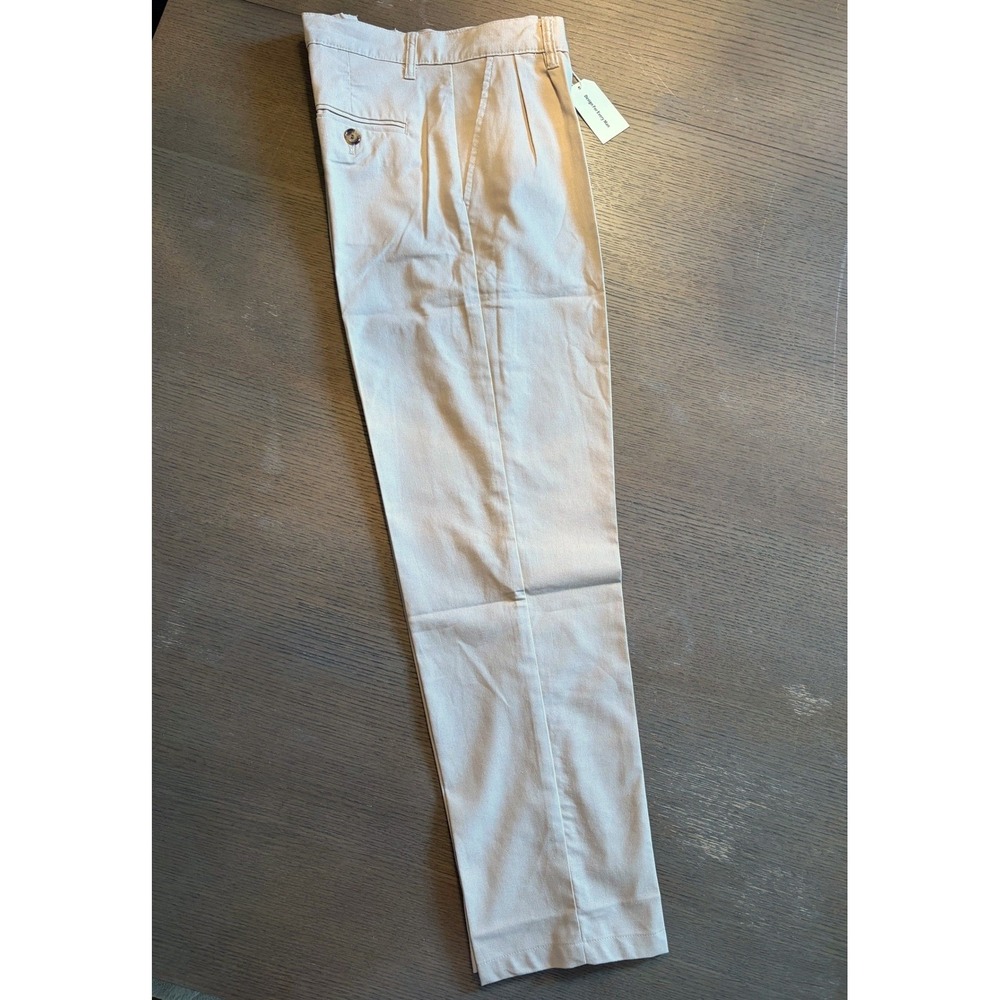 Ouku Mens Pleated Trousers Beige Khaki Straight Leg Pants Size L NEW